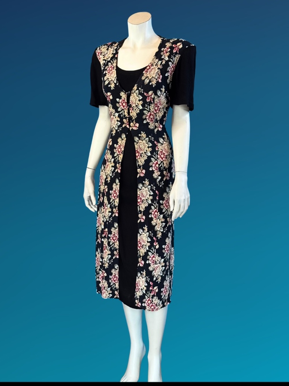 90s Dark Floral Cottagecore Rayon Button front Grannycore Grunge Dress / M L - Picture 5 of 10